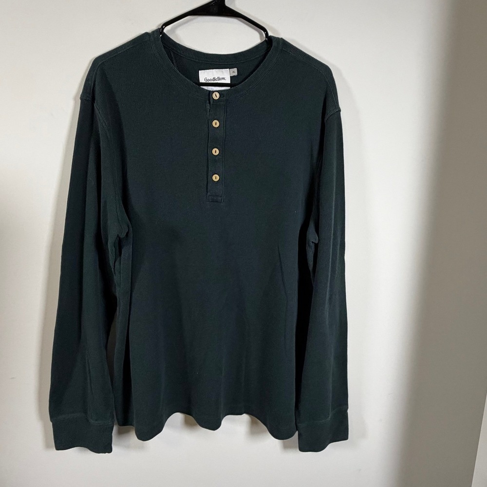 Goodfellow Waffle Knit Henley Shirt Long Sleeve Dark Green Thermal Casual XL